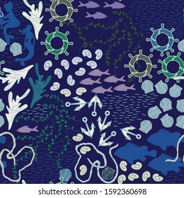 seamless marine pattern with seashell, fish, vector design