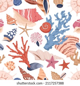 Seamless marine pattern with seashells, corals and starfishes. Repeating background with sea shells, mollusks, shellfishes print. Printable endless texture design. Colored drawn vector illustration