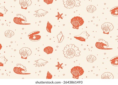 Padrão marinho sem costura com conchas, flores, ondas e estrelas-do-mar em coral vermelho desenhado à mão praia repetir em fundo claro.