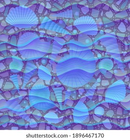 Seamless marine pattern with seashells on the bottom and azure waves.