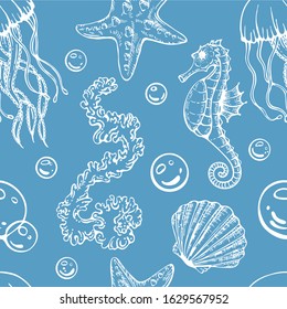 Seamless marine pattern with seashells, seaweed, jellyfishes and starfishes. Vector illustration in sketch style on blue background. Backdrop for greetings, invitations, wrapping paper, textile.