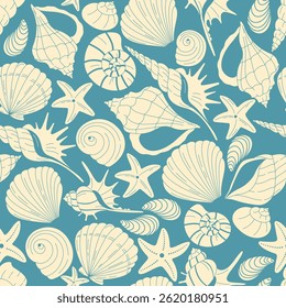 Seamless marine pattern with seashells and starfish on a blue background. Perfect for summer design, packaging, fabric, and decor.