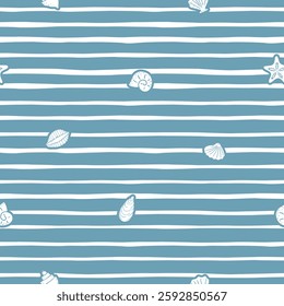 Seamless marine pattern with seashells and striped background