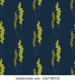 Seamless marine pattern with seaweed Kelp or Laminaria. Green food algae isolated on deep blue background. Vector hand drawn illustration for print,wrapping paper,textile design.
