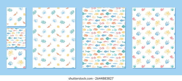 Padrão marinho perfeito com desenhos animados e elementos de recife. Fundo submarino com vida oceânica vibrante e criaturas aquáticas. Textura perfeita para projetos criativos inspirados na marinha