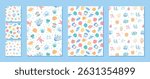 Seamless marine pattern set in flat, cartoon graphic style. Underwater life features shells, fish, reef, and ocean elements. Perfect for aquatic backgrounds, summer designs, and decorative textures.
