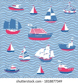 Seamless marine pattern with set of ships and boats. Cute nautical background