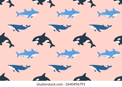 Seamless marine pattern with sharks and killer whales on pink background. Great for ocean-themed prints, decor and kids design