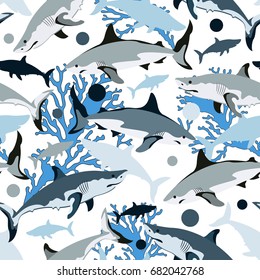 Seamless marine pattern with sharks.Colorful vector background.Textile texture
