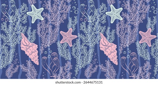 Seamless marine pattern. Shells, algae, starfish, vertical waves, dark background. Suitable for covers, backgrounds, packaging, textiles.
