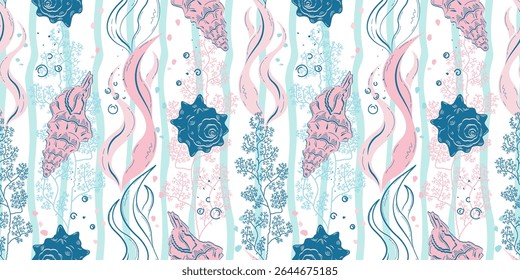 Seamless marine pattern. Shells, algae, bubbles, pastel, delicate shades, vertical waves. Suitable for covers, backgrounds, packaging, textiles.