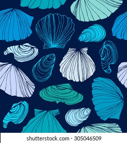 Seamless marine pattern with shells. Blue graphic background with seashells