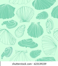 Seamless marine pattern with shells. Green graphic background with seashells