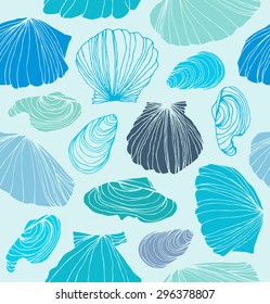 Seamless marine pattern with shells. Light blue graphic background with seashells