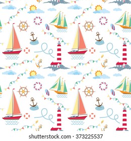 Seamless marine pattern with ships, lighthouse, rope, anchor, clouds and sun on light background. May use for kids linen and wear