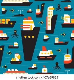 Seamless marine pattern with ships. Set of flat cruise liner, container ship, tanker, freighter.