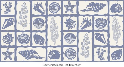 Padrão marinho sem costura com silhuetas de conchas e algas em um estilo mosaico. Adequado para decorar vários produtos.