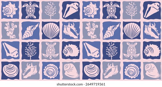 Seamless marine pattern with silhouettes of shells and corals in a mosaic style. Ornament for decorating various products.