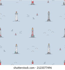 Seamless marine pattern with simple lighthouse icons. Nautical background. Vector flat illustration