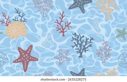 Padrão marinho perfeito com estrelas-do-mar, corais, conchas e ondas. Fundo de verão náutico para tecido, embalagem, roupas de praia e design infantil. Estilo plano, paleta pastel.