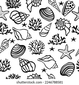 Seamless marine pattern. Summer print with seashells algae and starfish