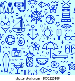 Seamless Marine pattern in thin line memphis style. Pattern with sailboat, anchor, steering wheel and lifebuoy. Cute Marine pattern for fabric, background, wrapping paper and other decoration.