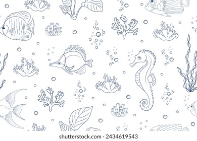 Nahtloses Meeresmuster mit tropischen Fischen und Seepferdchen. Doodle linearer Hintergrund mit Unterwasserwelt und Algen.