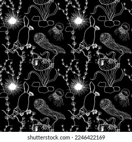 Seamless marine pattern, underwater. Platypus, hedgehog, jellyfish. Vector stock illustration eps10