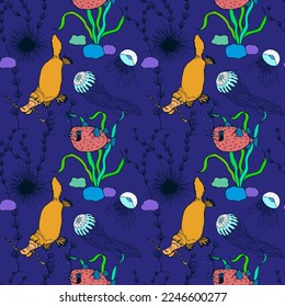 Seamless marine pattern, underwater. Platypus, hedgehog, jellyfish. Vector stock illustration eps10