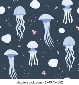 Seamless marine pattern with various deep sea jellyfish. Great for fabric, textile. Vector Illustration