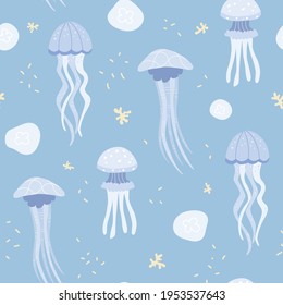 Patrón marino sin mar con varias medusas de mar profundo. Excelente para tela, textil. Ilustración vectorial