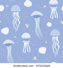 Seamless marine pattern with various deep sea jellyfish. Great for fabric, textile. Vector Illustration