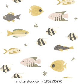 Seamless marine pattern with various fishes. Great for fabric, textile. Vector Illustration