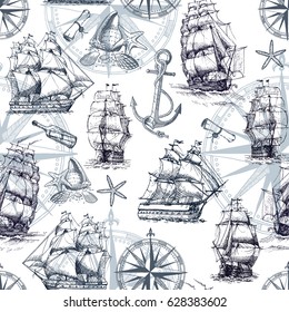 Seamless marine pattern in vintage style with sailing ships, compass, anchor, sea shells.