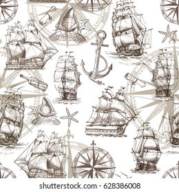 Seamless marine pattern in vintage style with sailing ships, compass, anchor, sea shells.