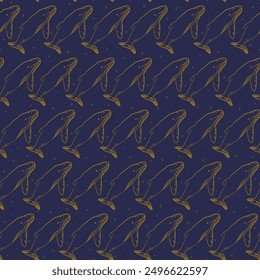 Seamless marine pattern with whale in deep water. Pattern background with underwater 2d cartoon