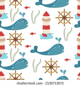 Seamless marine pattern with whales, lighthouse, steering wheel, algae and fish on a white background. Vector illustration of sea voyages for printing on paper or fabric, packaging