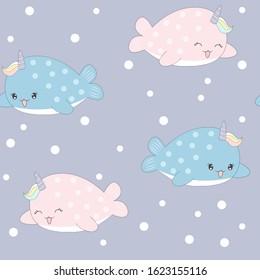 Seamless marine pattern with whales unicorns. Vector illustration for printing on packaging paper, bed linen, children's clothing. Cute baby background.