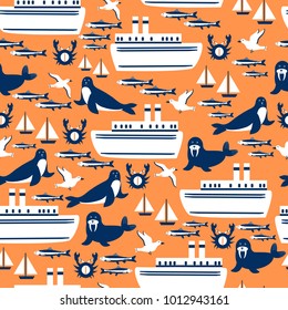 Seamless marine pattern, wild sea animals, cartoon travel vector illustration ship, sailboat, swalrus, fur seal, seagull colorful isolated on orange backdrop, decorative texture for design wallpaper