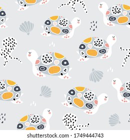 Seamless marine pattern withcute turtles . Creative undersea texture. Great for fabric, textile Vector Illustration
