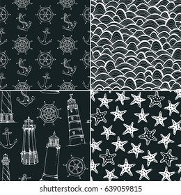 Seamless marine patterns, vector collection of sea backgrounds