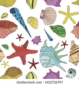 Seamless marine print multi-colored seashells. Seamless background