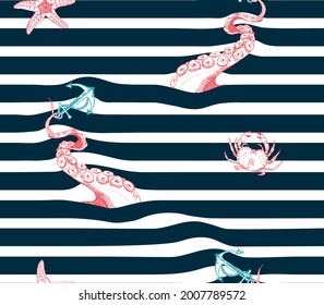 Seamless marine print with octopus tentacles. Stripe sea pattern with crabs and starfish