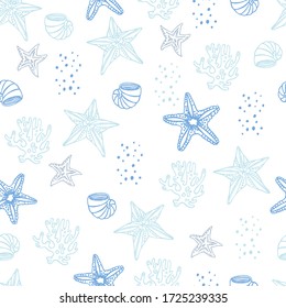 Seamless marine reef pattern with seashells, coral, and starfish. For fabric, textile, linens, invitations, prints. Hand drawn vector background. 