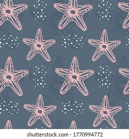 Seamless marine reef pattern with starfish. Texture for fabric, textile, linens, invitations, prints. Hand drawn vector background. 