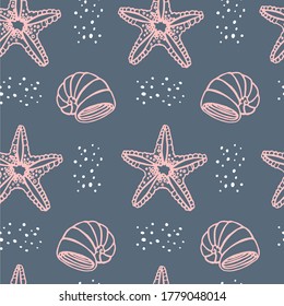 Seamless marine reef pattern with starfish and seashells. Texture for fabric, textile, linens, invitations, prints. Hand drawn vector background. 