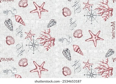 Patrón de arrecife marino sin fisuras con estrellas de mar y conchas marinas. Textura para tela, textil, lino, invitaciones, estampados. Fondo de Vector dibujado a mano.
