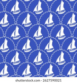 Seamless marine retro pattern with sailboat. Summer nautical print. Vector.