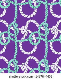 Seamless marine rope knot pattern. Endless illustration with color rope ornament and nautical sea knots. Trendy maritime style background. Rope texture. Ready for textile, fabric prints, wrapping. 