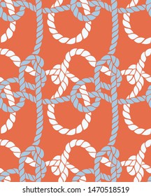 Seamless marine rope knot pattern. Endless illustration with color rope ornament and nautical sea knots. Trendy maritime style background. Rope texture. Ready for textile, fabric prints, wrapping. 